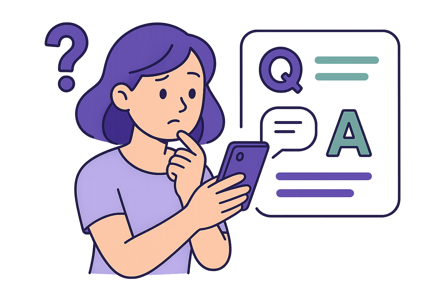Person looking at phone with questions and answers